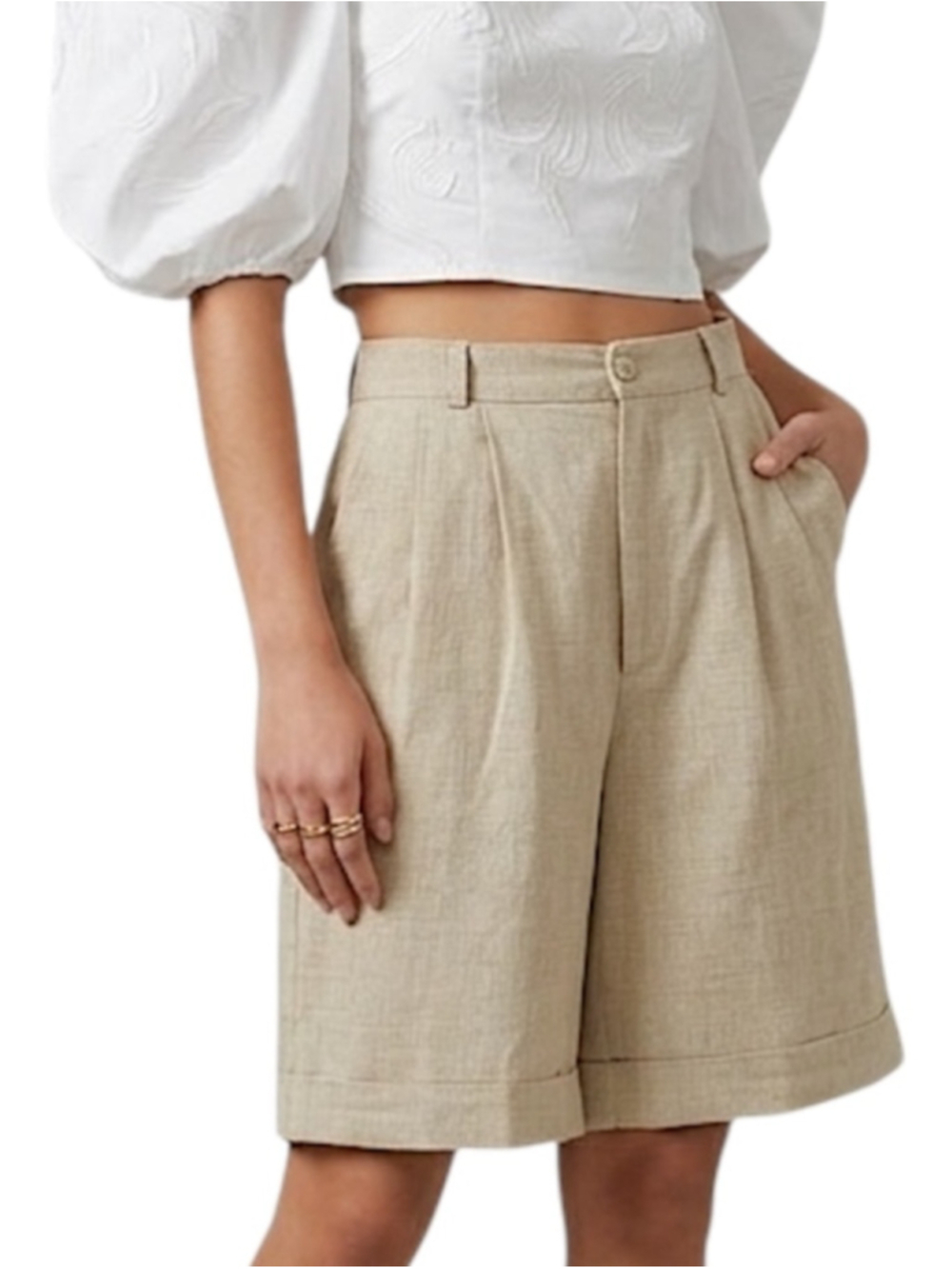 Vintage 80s 90s beige high rise relaxed pleated old money long Bermuda shorts 7